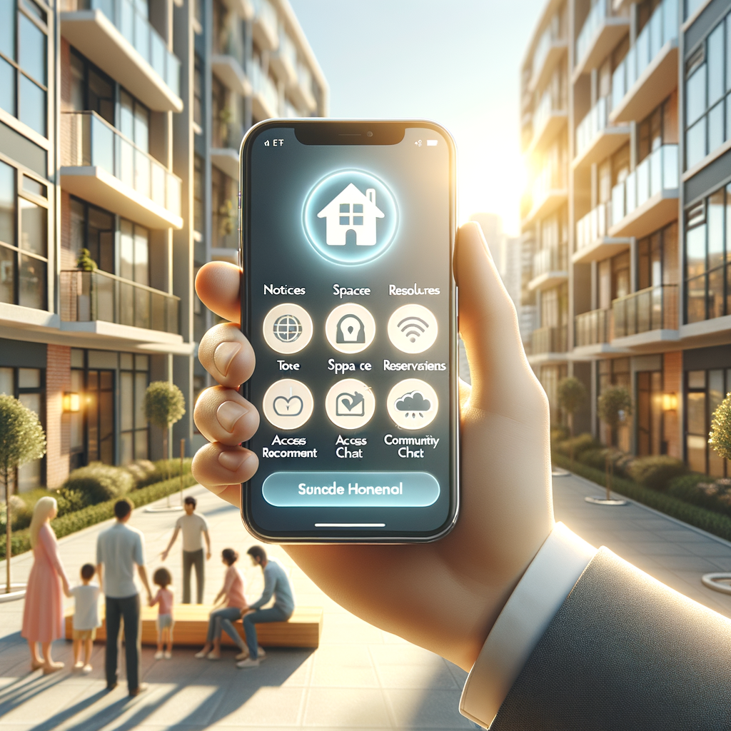 Create a high-resolution, photorealistic image that would serve as an illustration for a condo-management article. The central object should be a modern smartphone held in one hand, displaying a sleek interface of a residential management app. The app should have clearly labeled icons for 'Notices,' 'Space Reservations,' 'Access Control' and 'Community Chat.' The screen of the phone should emit a soft glow. A sunlit, upscale condominium courtyard should be presented softly blurred in the background. The courtyard should have neatly trimmed landscaping, a few people, of different descents and genders, chatting near a bench, and a family with diverse descent taking a stroll. Represent the overall image in a bright, inviting color palette and maintain a crisp, professional style.