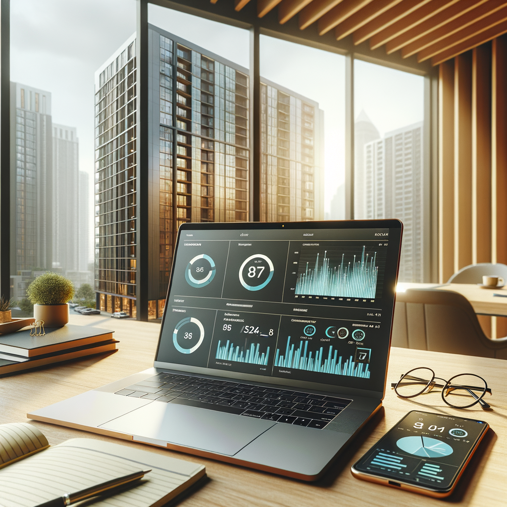 Generate a photorealistic image of a contemporary condominium management office. The scene should be warm and inviting with natural light streaming in through a large window that offers a view to a towering apartment building. On a desk made of light wood, there is a sleek laptop showcasing an intricate financial dashboard with bar charts, pie graphs, and line trends. Beside it lies a smartphone with its screen displaying the interface of the condominium management app. Nearby, there is a notepad, a pair of glasses, and a coffee cup, further enhancing the professional ambiance.