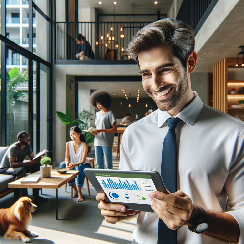 A contemporary and smiling Caucasian male condominium manager, looking at a tablet that displays condominium management charts, in a modern and well-lit condominium environment, with other residents in the background. These residents include a Middle-Eastern female reading a book, a Black male playing with his dog, and a South Asian child playing with toys.