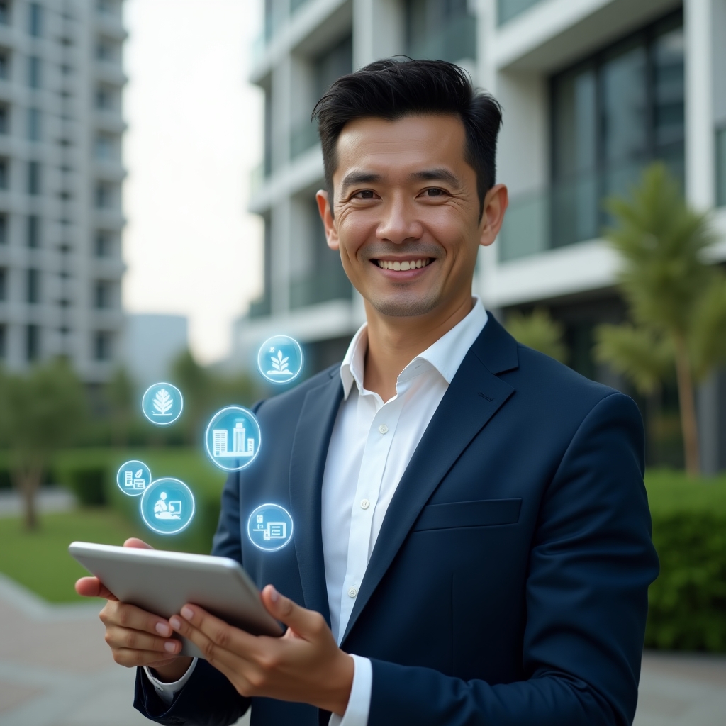 Ultra-realistic condominium manager in a navy executive suit with a crisp white shirt, set in a modern luxury condominium environment with high-rise buildings and green landscaping, holding a tablet with floating holographic icons representing communication bubbles, financial charts, sustainability leaf, and teamwork, confident and inspiring expression, cinematic lighting, shallow depth of field, highly detailed textures, realistic skin, photographic realism, 8k resolution --ar 1:1 --v 6