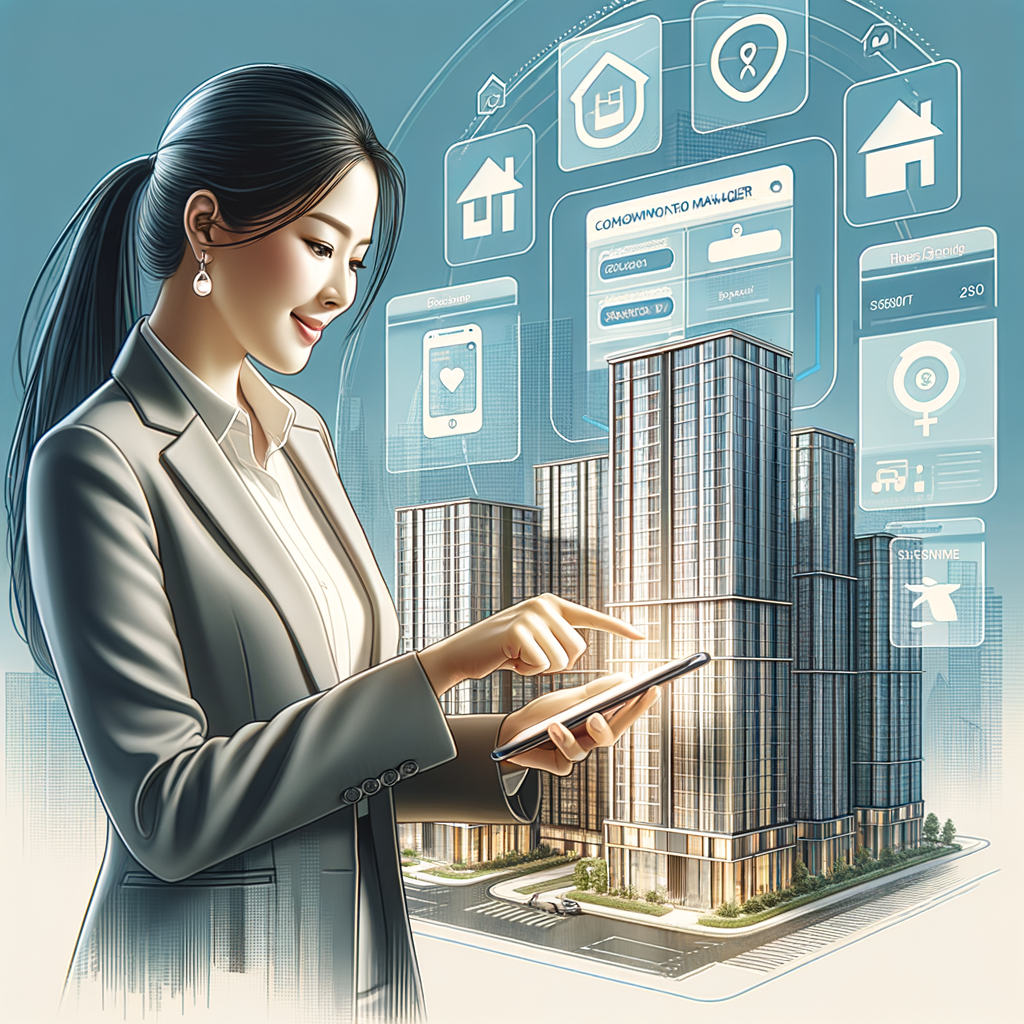 Illustrate a scene of a modern condominium manager, of South Asian descent and female-identified, adeptly using a mobile application on a sleek smartphone to administer a tall, contemporary condo building. The mobile application is portrayed with a clean and professional design. The display of the app should, in a user-friendly and intuitive manner, reveal a range of its diverse features that assist in building management. The depicted scene should also subtly show the efficiency and enhanced productivity introduced by this technology in the routine tasks of the condo management.