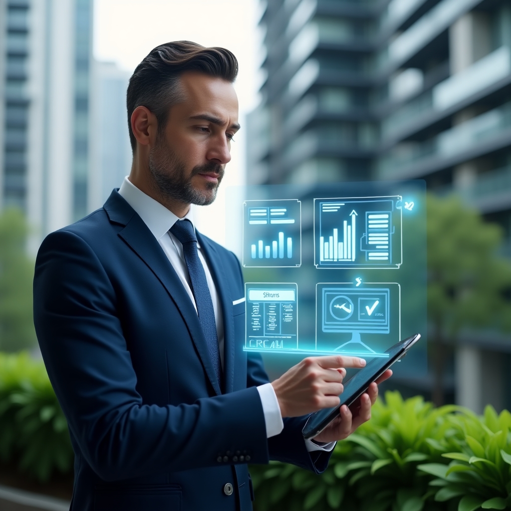 Ultra-realistic condominium property manager in a navy blue executive suit, set in a modern luxury condominium environment with high-rise buildings and lush green landscaping, mid shot of a focused professional reviewing a holographic financial dashboard projected from a tablet, floating 3D icons of charts, checkmarks and warning symbols representing accounting errors, confident and thoughtful expression, cinematic lighting, shallow depth of field, highly detailed textures, realistic skin, photographic realism, 8k resolution --ar 1:1 --v 6