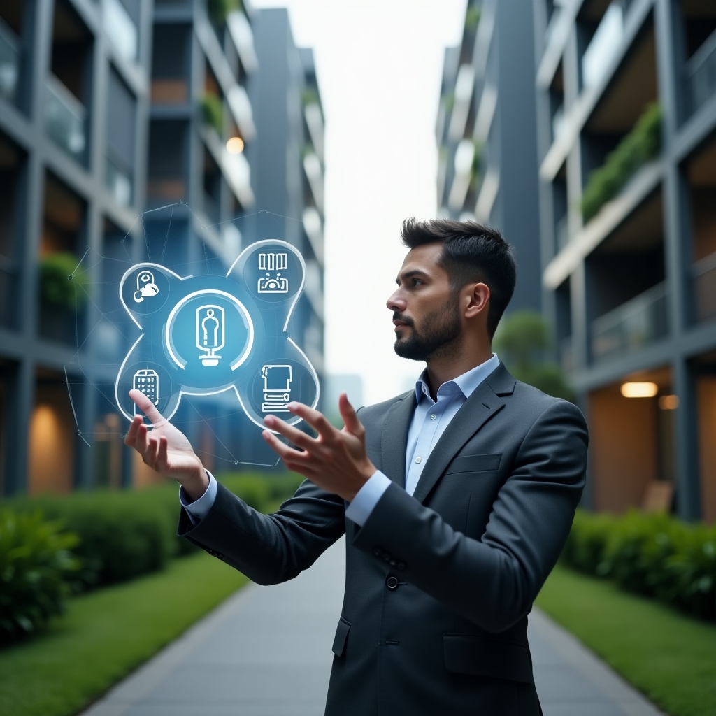 (Ultra-realistic condominium property manager in a charcoal gray executive suit, set in a modern luxury condominium environment with high-rise buildings and manicured green landscaping, mid shot of the manager confidently examining a floating holographic interface displaying five icons for planning, communication, automation, documentation, and maintenance, cinematic lighting, shallow depth of field, highly detailed textures, realistic skin, photographic realism, 8k resolution --ar 1:1 --v 6)