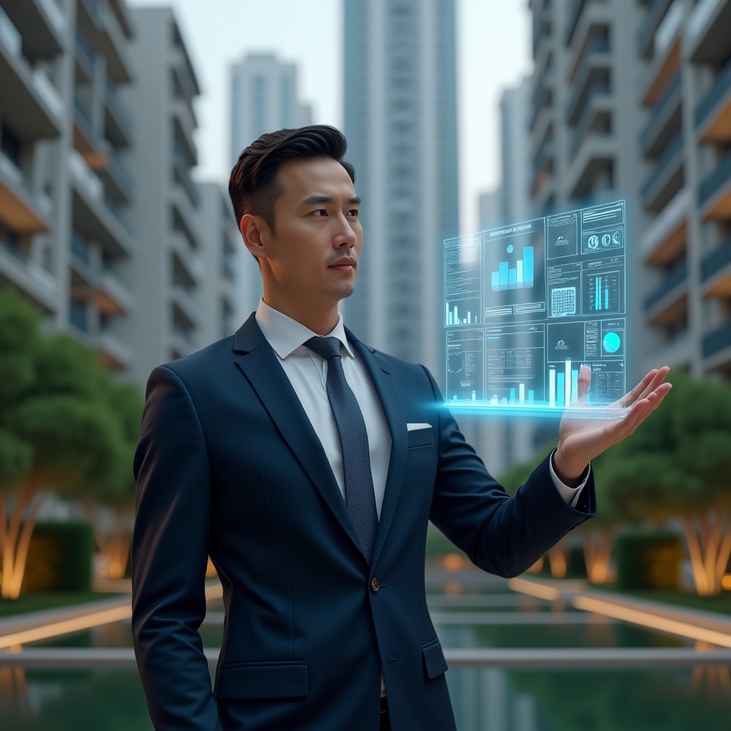 (Ultra-realistic condominium manager in a tailored navy suit, set in a modern luxury condominium environment with high-rise buildings and well-kept green landscaping, interacting with a holographic dashboard showing **aplicativo para condomínio** icons like financial graphs, reservation calendars and chat bubbles, confident and visionary expression, cinematic lighting, shallow depth of field, highly detailed textures, realistic skin, photographic realism, 8k resolution --ar 1:1 --v 6)