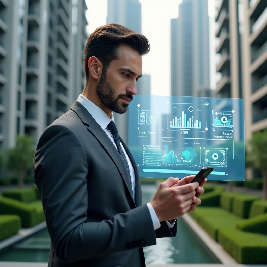 Ultra-realistic property manager in a charcoal gray suit, set in a modern luxury condominium environment with high-rise buildings and lush green landscaping, mid shot of the manager analyzing a holographic dashboard displaying financial charts, communication bubbles, maintenance icons and contract symbols, holding a smartphone with app notifications, confident and focused expression, cinematic lighting, shallow depth of field, highly detailed textures, realistic skin, photographic realism, 8k resolution --ar 1:1 --v 6