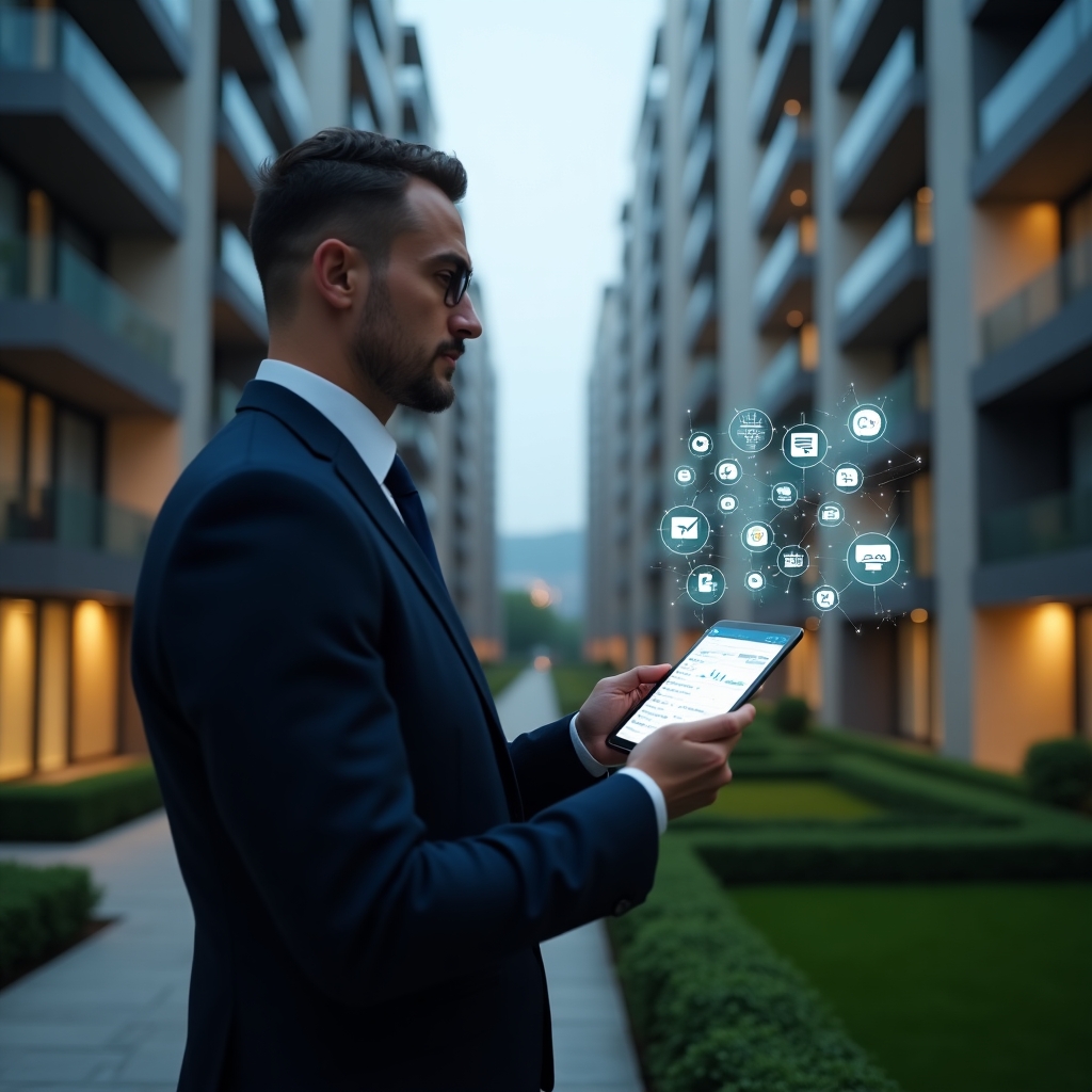 (Ultra-realistic condominium manager in a dark navy tailored suit, set in a modern luxury condominium environment with high-rise buildings and manicured green landscaping, holding a tablet displaying a condominium management app interface, surrounded by floating holographic icons of charts, checklists and communication symbols, confidently analyzing data, cinematic lighting, shallow depth of field, highly detailed textures, realistic skin, photographic realism, 8k resolution --ar 1:1 --v 6)