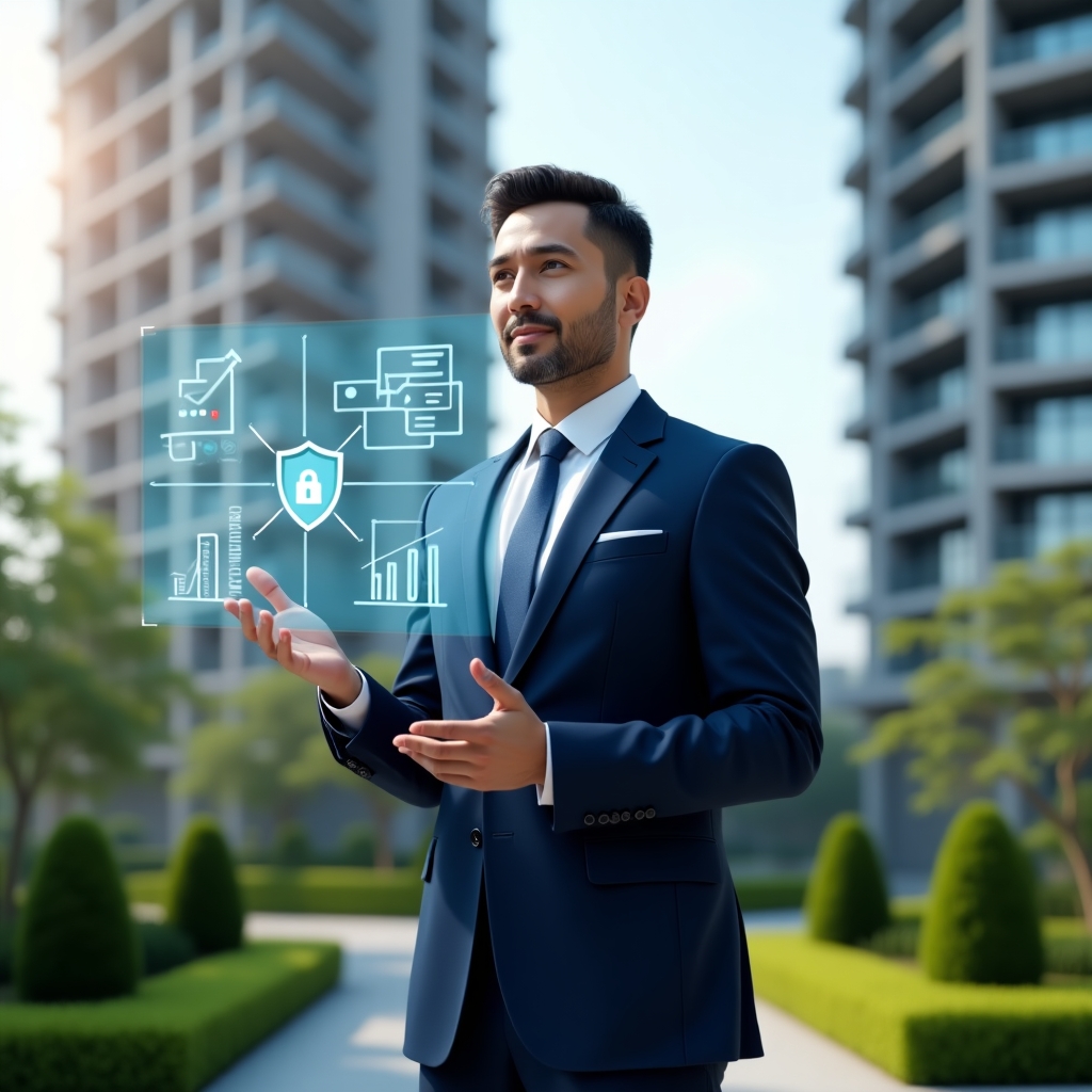 Ultra-realistic property manager in a navy blue executive suit, set in a modern luxury condominium environment with high-rise buildings and lush green landscaping, standing mid-shot and interacting with a floating holographic dashboard showing chat bubbles, financial graphs and a security shield icon, confident expression, cinematic lighting, shallow depth of field, highly detailed textures, realistic skin, photographic realism, 8k resolution --ar 1:1 --v 6