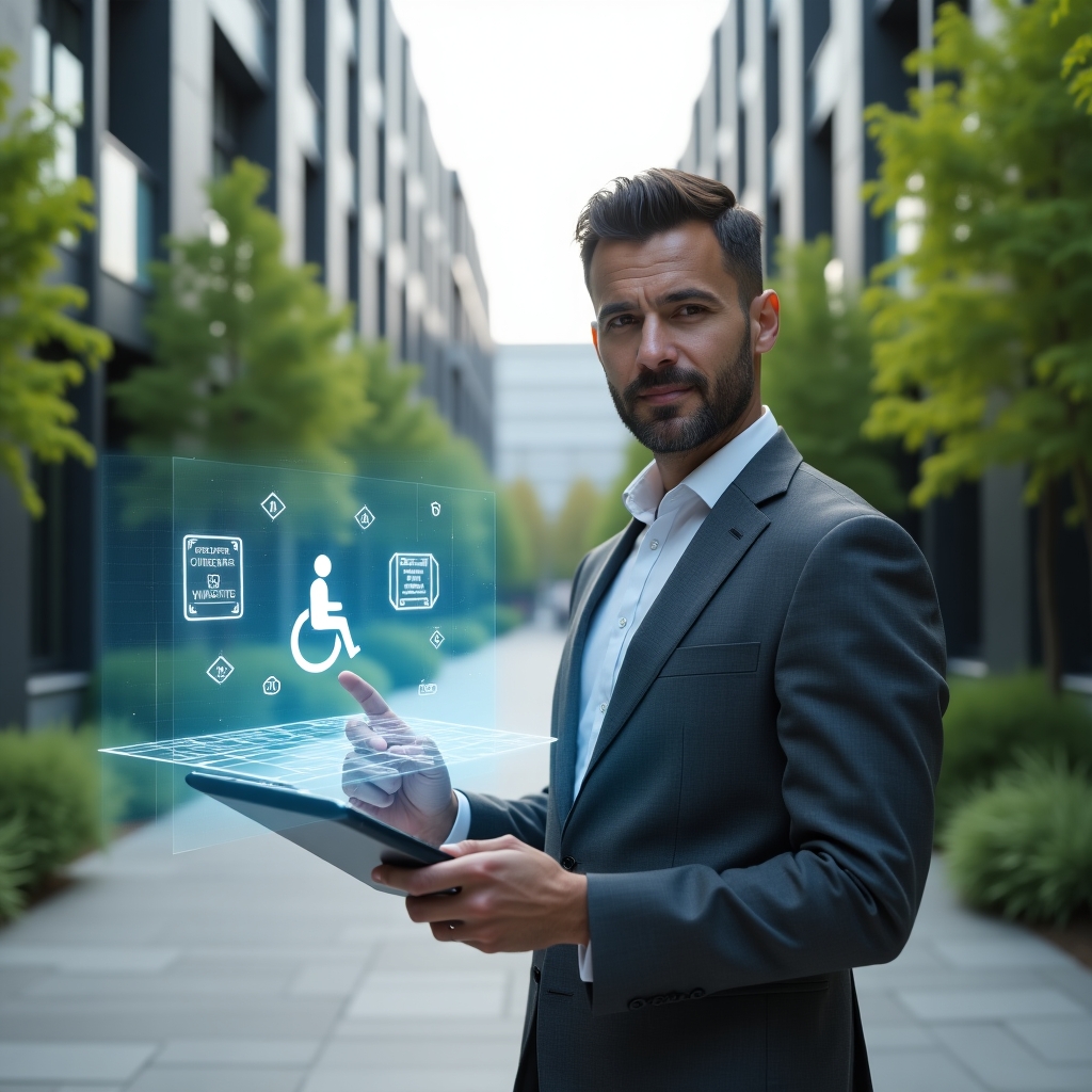 (Ultra-realistic property manager in a charcoal gray business suit, set in a modern luxury condominium environment with high-rise buildings and lush green landscaping, medium shot, holding a tablet displaying a holographic accessibility blueprint, pointing towards a floating ramp and wheelchair icon, with subtle tactile paving symbols hovering around, confident and focused expression, cinematic lighting, shallow depth of field, highly detailed textures, realistic skin, photographic realism, 8k resolution --ar 1:1 --v 6)
