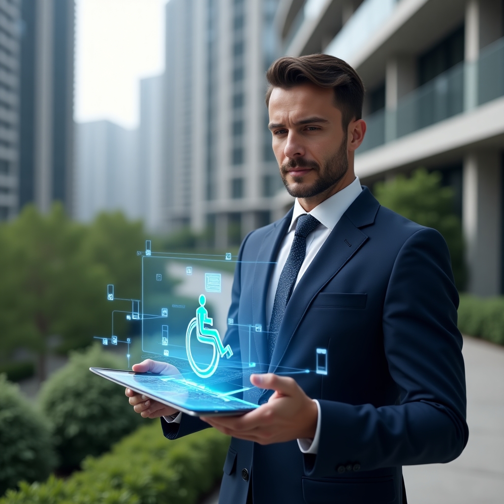 Ultra-realistic condominium manager in a navy suit, set in a modern luxury condominium environment with high-rise buildings and green landscaping, reviewing a holographic ramp design for accessibility while holding a tablet displaying a digital accessibility checklist, holographic wheelchair icon floating beside them, confident and professional expression, cinematic lighting, shallow depth of field, highly detailed textures, realistic skin, photographic realism, 8k resolution --ar 1:1 --v 6