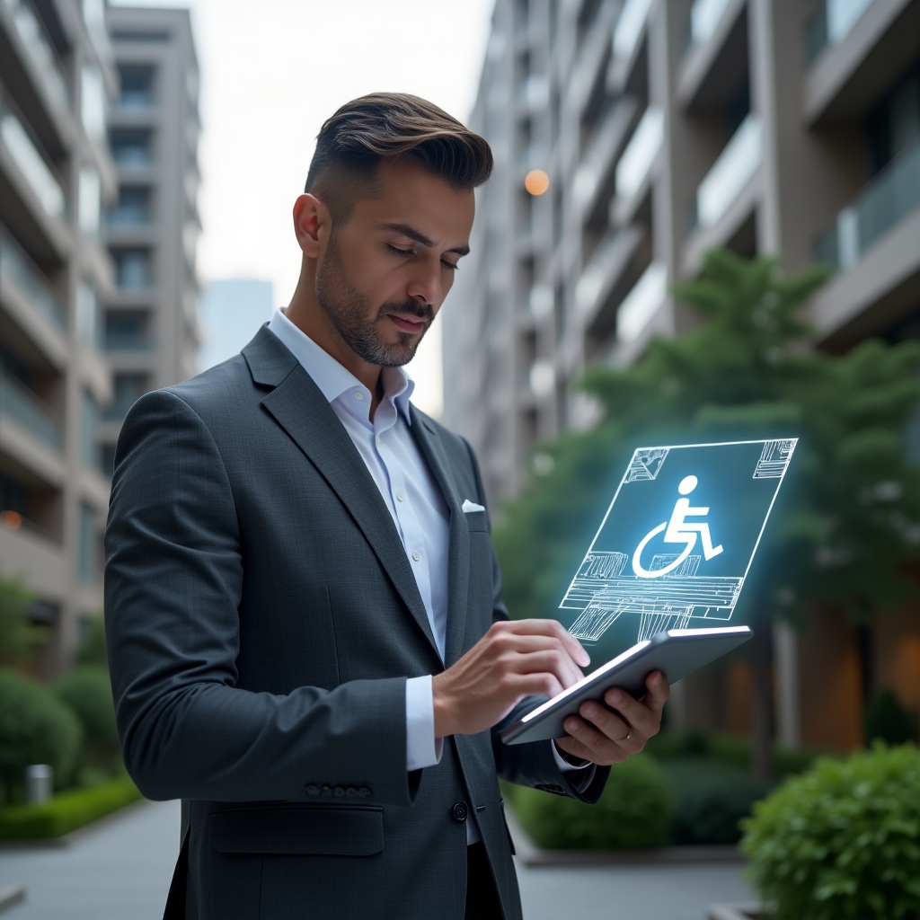 (Ultra-realistic condo manager in a tailored charcoal gray suit, set in a modern luxury condominium environment with high-rise buildings and manicured green landscaping, examining a ramp blueprint on a digital tablet with a holographic wheelchair accessibility icon hovering above it, conveying a confident and thoughtful demeanor, cinematic lighting, shallow depth of field, highly detailed textures, realistic skin, photographic realism, 8k resolution --ar 1:1 --v 6)