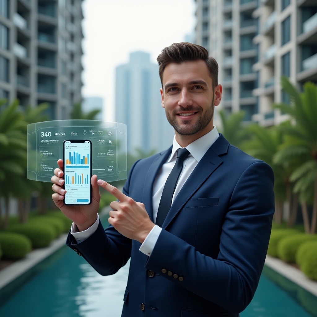(Ultra-realistic condominium manager in a navy blue executive suit, set in a modern luxury condominium environment with high-rise buildings and lush green landscaping, confidently holding a smartphone displaying a condominium management app interface, pointing at a floating holographic dashboard with financial charts and scheduling icons, cinematic lighting, shallow depth of field, highly detailed textures, realistic skin, photographic realism, 8k resolution --ar 1:1 --v 6)
