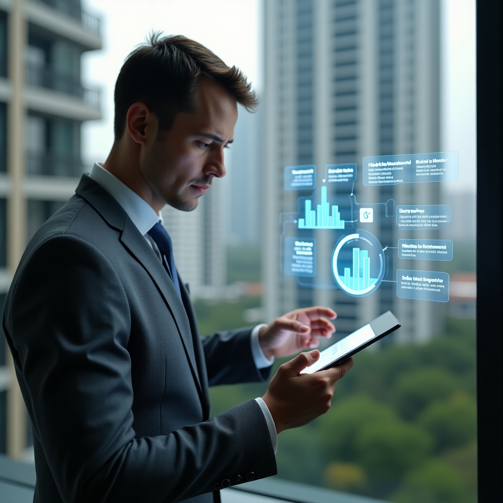 (Ultra-realistic condominium manager in a sleek gray suit, set in a modern luxury condominium environment with high-rise buildings and lush landscaping, examining a floating holographic dashboard displaying financial charts, messaging icons and maintenance schedules, glowing symbolic icons of graphs and chat bubbles representing transparency and collaboration, confident and analytical expression, cinematic lighting, shallow depth of field, highly detailed textures, realistic skin, photographic realism, 8k resolution --ar 1:1 --v 6)