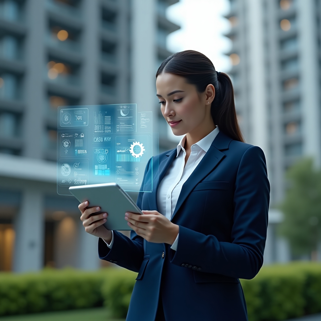 (Ultra-realistic condominium manager in a navy blue tailored suit, set in a modern luxury condominium environment with high-rise buildings and green landscaping, medium shot of a confident woman examining a tablet displaying maintenance dashboards, surrounded by translucent holographic icons of gears, sensors, and checklists, cinematic lighting, shallow depth of field, highly detailed textures, realistic skin, photographic realism, 8k resolution --ar 1:1 --v 6)