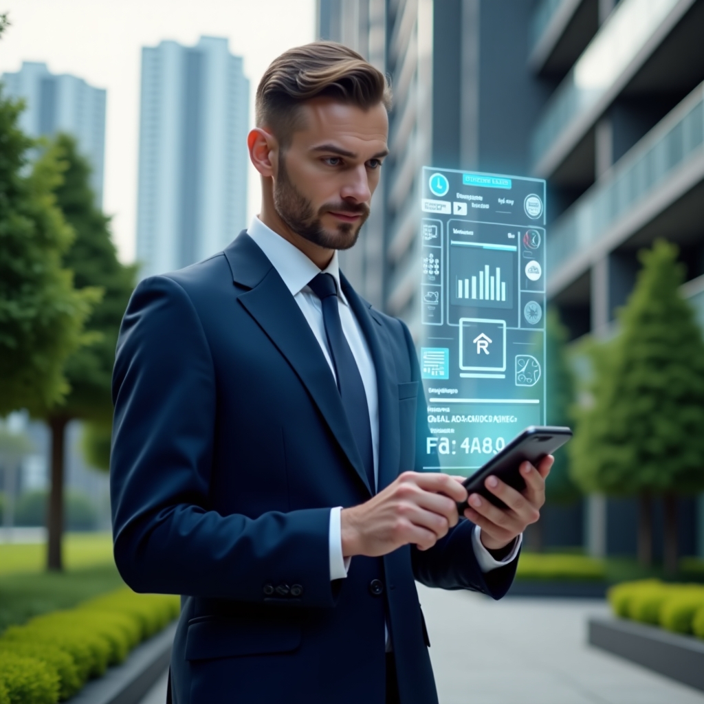 Ultra-realistic condominium manager in a tailored dark blue suit, set in a modern luxury condominium environment with high-rise buildings and well-manicured green landscaping, mid shot of a confident professional holding a smartphone projecting a holographic interface with app notifications, reservation calendar and dynamic report charts, floating icons symbolizing communication and data, cinematic lighting, shallow depth of field, highly detailed textures, realistic skin, photographic realism, 8k resolution --ar 1:1 --v 6