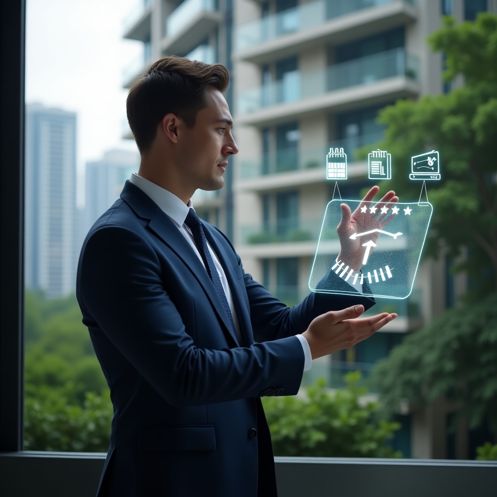 (Ultra-realistic condominium manager in a tailored navy suit, set in a modern luxury condominium environment with high-rise buildings and lush green landscaping, mid-shot of the manager confidently interacting with a holographic interface showing a scheduling calendar, vendor rating stars and dynamic data charts, glowing icons of a calendar, checklist and bar graph floating around, cinematic lighting, shallow depth of field, highly detailed textures, realistic skin, photographic realism, 8k resolution --ar 1:1 --v 6)