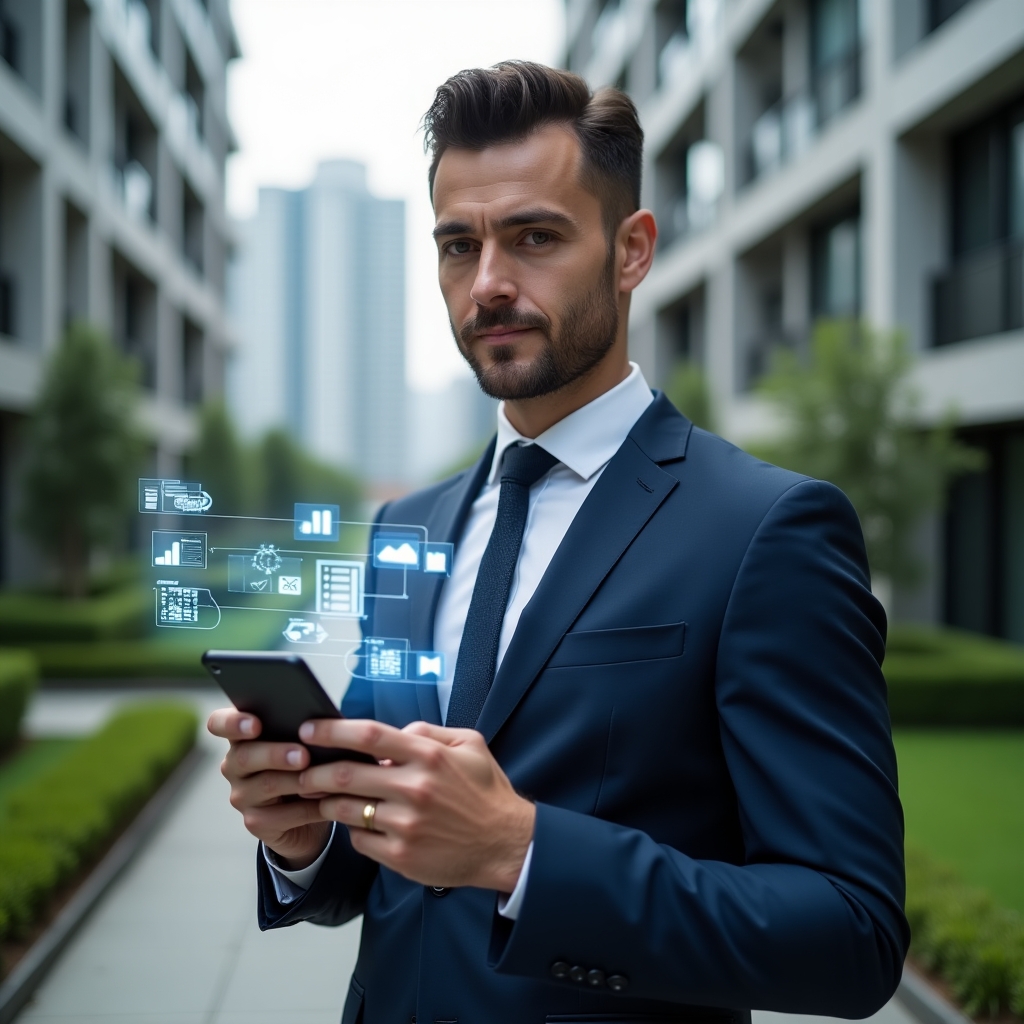 Ultra-realistic condominium manager in a navy tailored suit, set in a modern luxury condominium environment with high-rise buildings and well-manicured green landscaping, holding a smartphone displaying an intuitive management app interface with holographic finance charts, chat bubbles, and reservation calendar icons floating around the device, confident and focused expression, cinematic lighting, shallow depth of field, highly detailed textures, realistic skin, photographic realism, 8k resolution --ar 1:1 --v 6