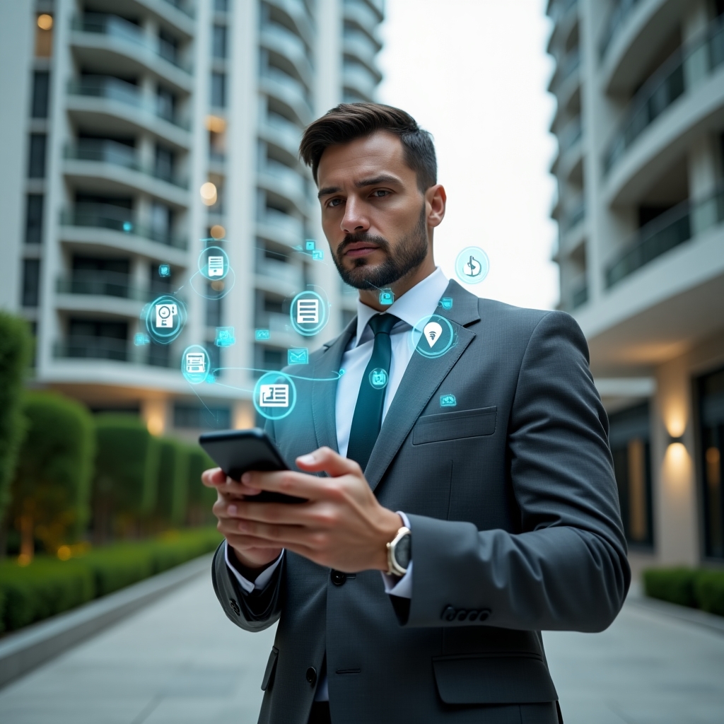 Ultra-realistic professional property manager in a charcoal gray business suit, set in a modern luxury condominium environment with high-rise buildings and manicured green landscaping, confidently holding a smartphone and interacting with floating holographic UI elements showing chat bubbles, documents, calendar reminders and payment icons to symbolize streamlined communication, cinematic lighting, shallow depth of field, highly detailed textures, realistic skin, photographic realism, 8k resolution --ar 1:1 --v 6