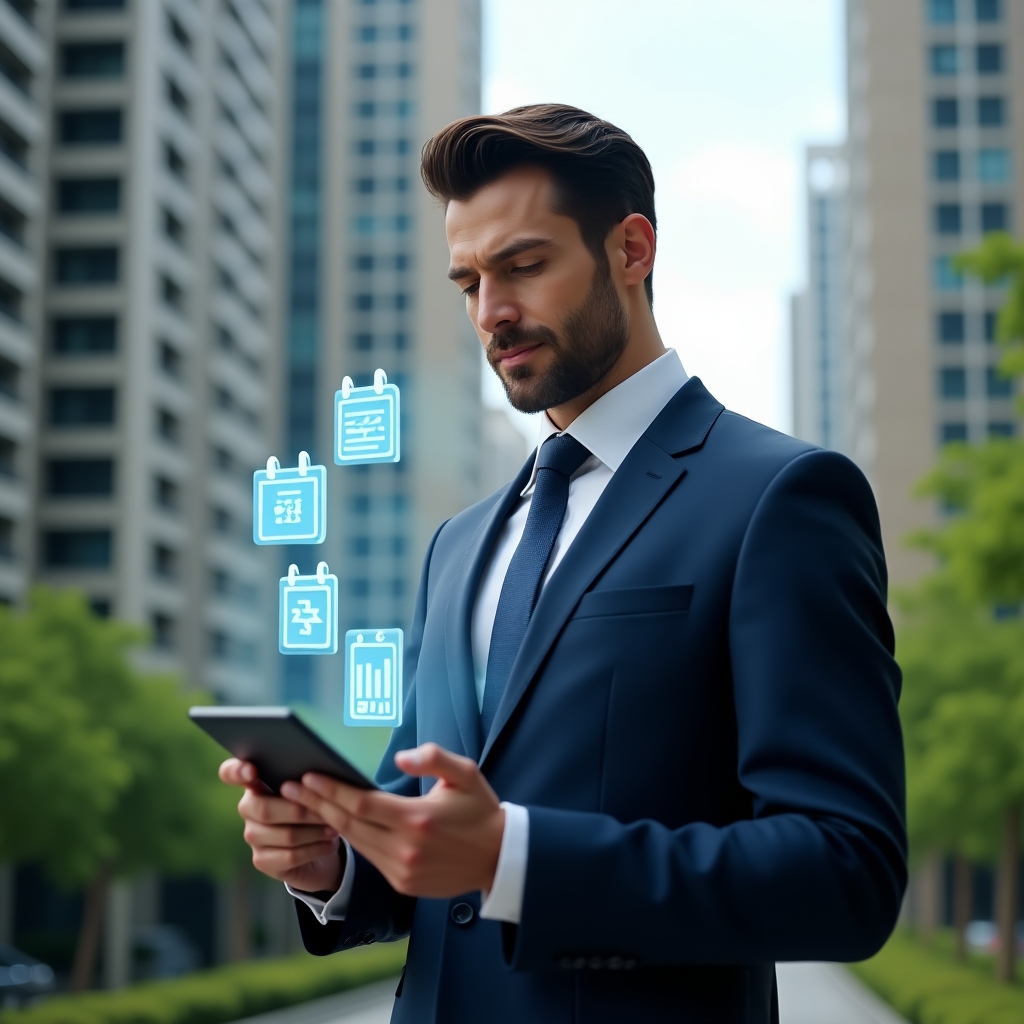 Ultra-realistic condominium manager in a tailored navy blue suit, set in a modern luxury condominium environment with high-rise buildings and lush green landscaping, interacting with a tablet displaying floating holographic icons of chat bubbles, reservation calendars and financial charts, confident and engaged expression, cinematic lighting, shallow depth of field, highly detailed textures, realistic skin, photographic realism, 8k resolution --ar 1:1 --v 6