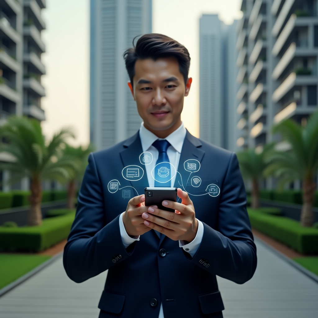 (Ultra-realistic condominium property manager in a tailored navy suit, set in a modern luxury condominium environment with high-rise buildings and lush green landscaping, confidently holding a smartphone displaying a floating holographic interface with icons for automated billing, centralized notifications, reservation calendar and inspection alerts, cinematic lighting, shallow depth of field, highly detailed textures, realistic skin, photographic realism, 8k resolution --ar 1:1 --v 6)