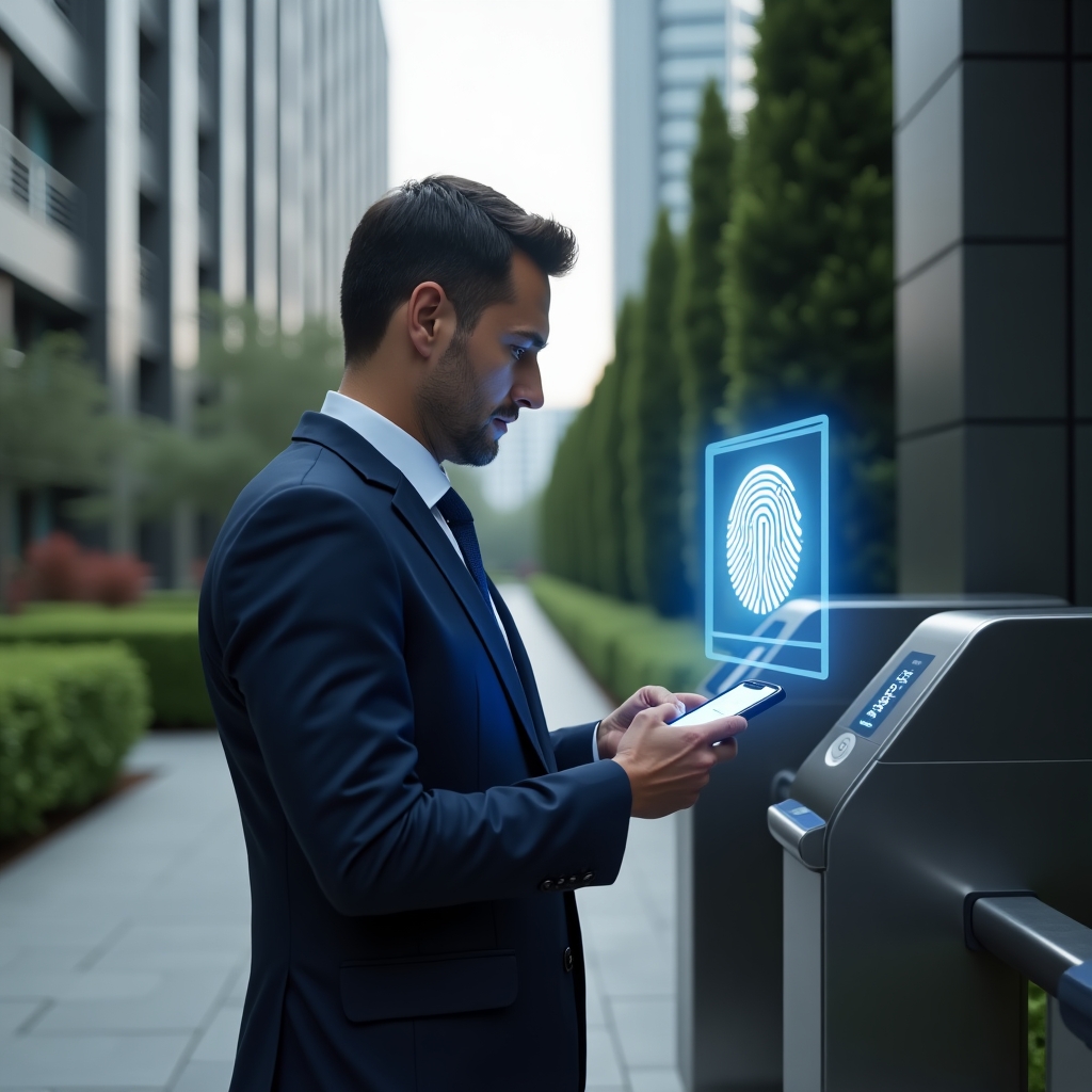 Ultra-realistic condominium manager in a navy blue suit, set in a modern luxury condominium environment with high-rise buildings and manicured green landscaping, holding a smartphone while scanning a holographic QR code at a sleek turnstile entrance, a glowing biometric fingerprint hologram floating beside the device, confident and focused expression, cinematic lighting, shallow depth of field, highly detailed textures, realistic skin, photographic realism, 8k resolution --ar 1:1 --v 6