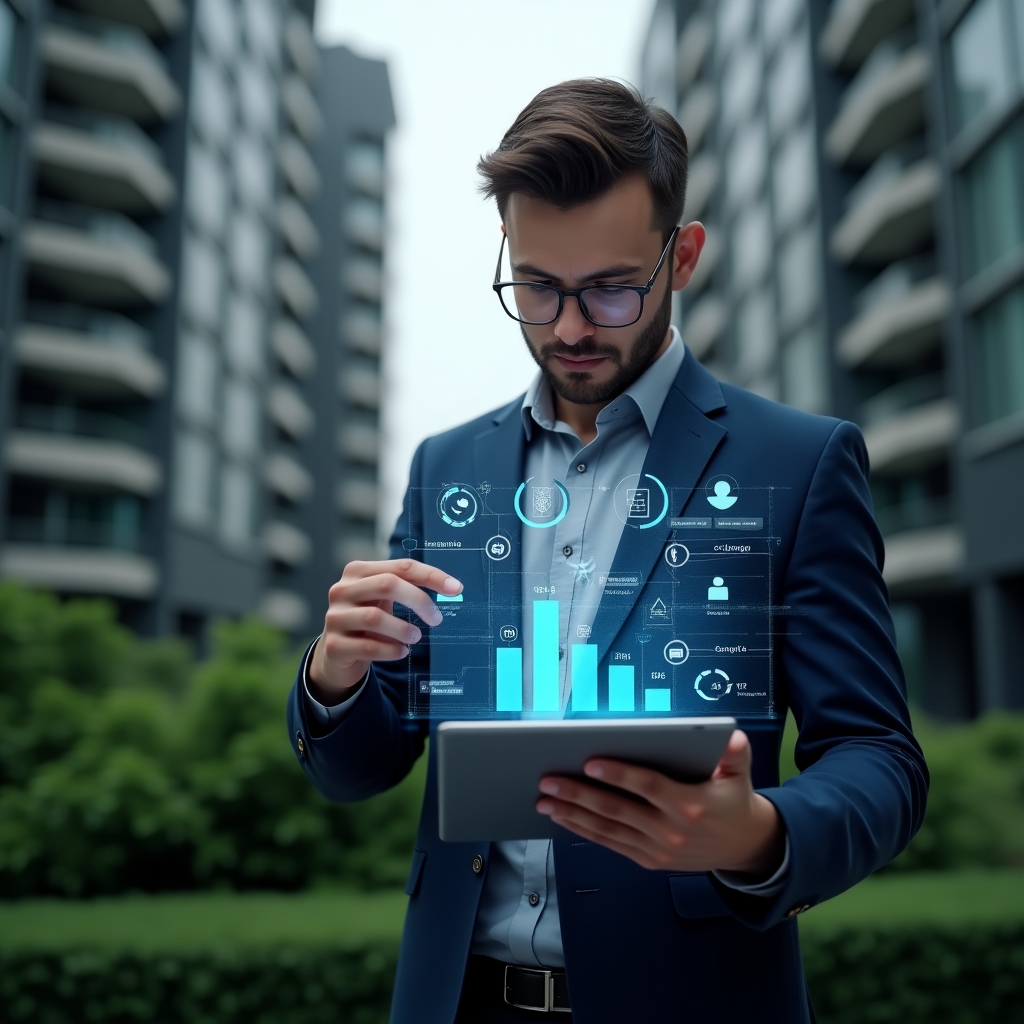 Ultra-realistic property manager in a navy business suit, set in a modern luxury condominium environment with high-rise buildings and lush green landscaping, analyzing a holographic interface of a condo management app projected from a tablet, displaying financial charts, communication icons and biometric access symbols, cinematic lighting, shallow depth of field, highly detailed textures, realistic skin, photographic realism, 8k resolution --ar 1:1 --v 6