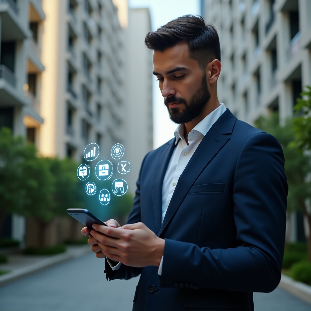 (Ultra-realistic professional condominium manager in a tailored navy suit, set in a modern luxury condominium environment with high-rise buildings and lush green landscaping, medium shot of the manager holding a smartphone that projects floating holographic app icons for reservations, financial charts, maintenance tools and security camera feeds, confident and focused expression, cinematic lighting, shallow depth of field, highly detailed textures, realistic skin, photographic realism, 8k resolution --ar 1:1 --v 6)