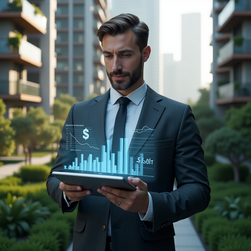 (Ultra-realistic property manager in a dark gray executive suit, set in a modern luxury condominium environment with high-rise buildings and lush green landscaping, mid-shot of them confidently presenting holographic financial charts and reports on a transparent tablet, floating bar graphs and dollar icons symbolizing clear accounting, cinematic lighting, shallow depth of field, highly detailed textures, realistic skin, photographic realism, 8k resolution --ar 1:1 --v 6)