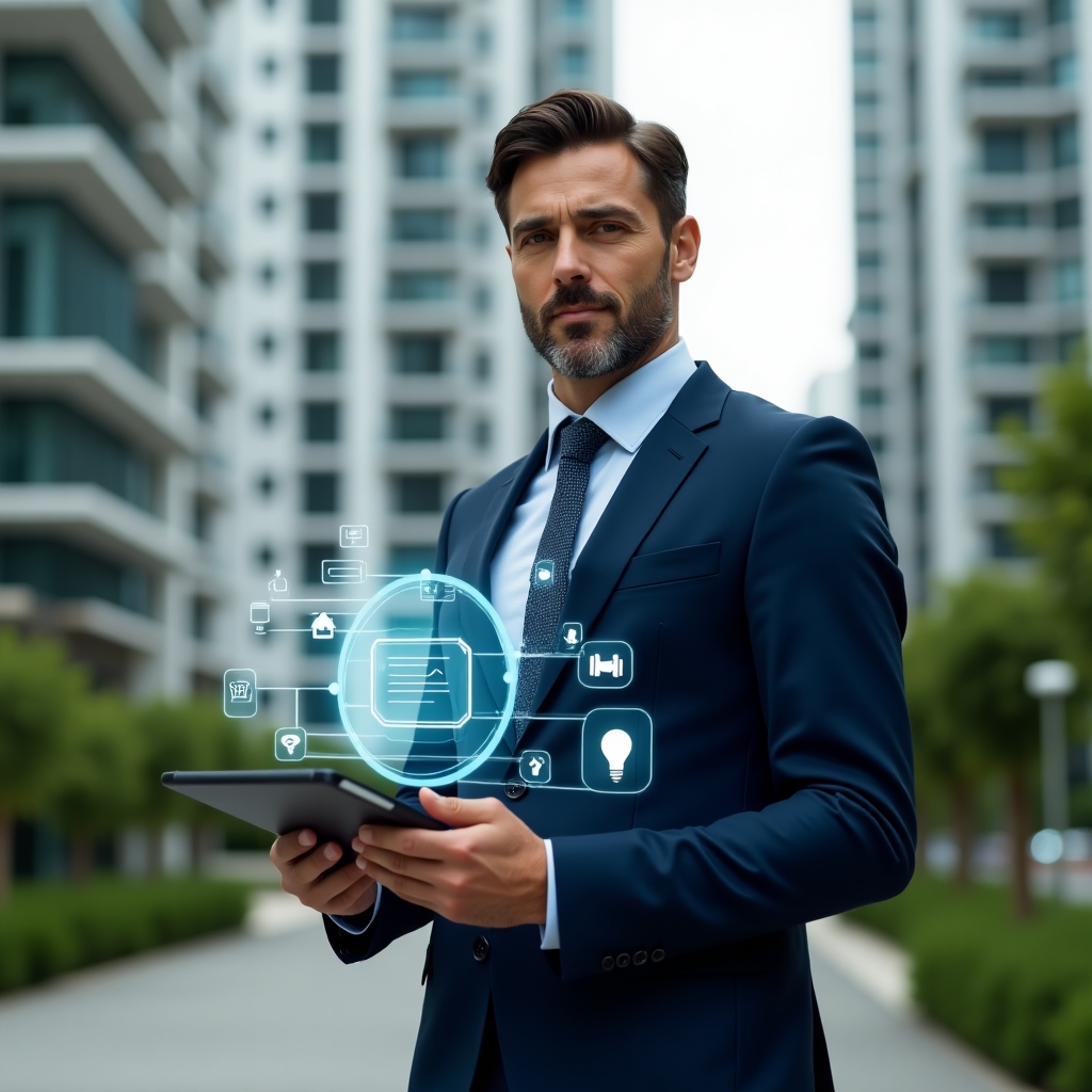 Ultra-realistic property manager in a navy blue suit, set in a modern luxury condominium environment with high-rise buildings and lush green landscaping, holding a tablet displaying holographic icons of finance charts, chat notifications and security camera feeds, futuristic holographic overlays of hidden app functionalities floating around, confident expression, cinematic lighting, shallow depth of field, highly detailed textures, realistic skin, photographic realism, 8k resolution --ar 1:1 --v 6