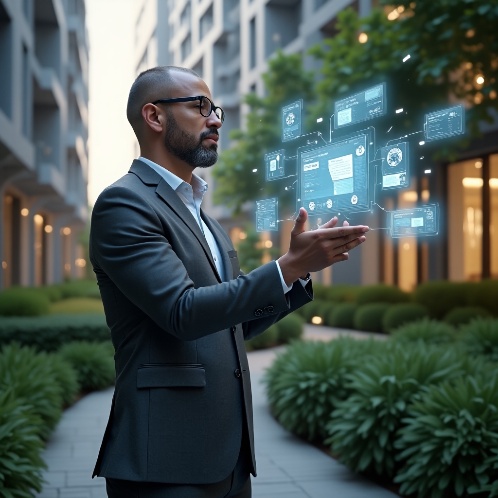 (Ultra-realistic condominium manager in a charcoal grey suit, set in a modern luxury condominium environment with high-rise buildings and lush green landscaping, confidently interacting with a holographic virtual meeting interface displaying quórum percentages and digital voting icons, legal document holograms floating around, cinematic lighting, shallow depth of field, highly detailed textures, realistic skin, photographic realism, 8k resolution --ar 1:1 --v 6)