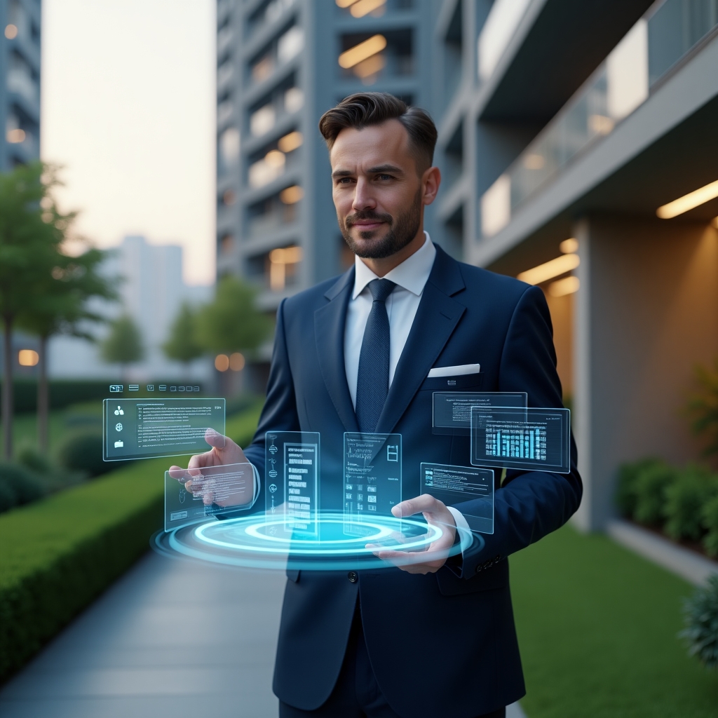 (Ultra-realistic condominium manager in a tailored navy blue suit, set in a modern luxury condominium environment with high-rise buildings and manicured green landscaping, confidently interacting with a holographic virtual assembly interface showing digital voting icons, transparent agenda documents and participation graphs floating around, cinematic lighting, shallow depth of field, highly detailed textures, realistic skin, photographic realism, 8k resolution --ar 1:1 --v 6)