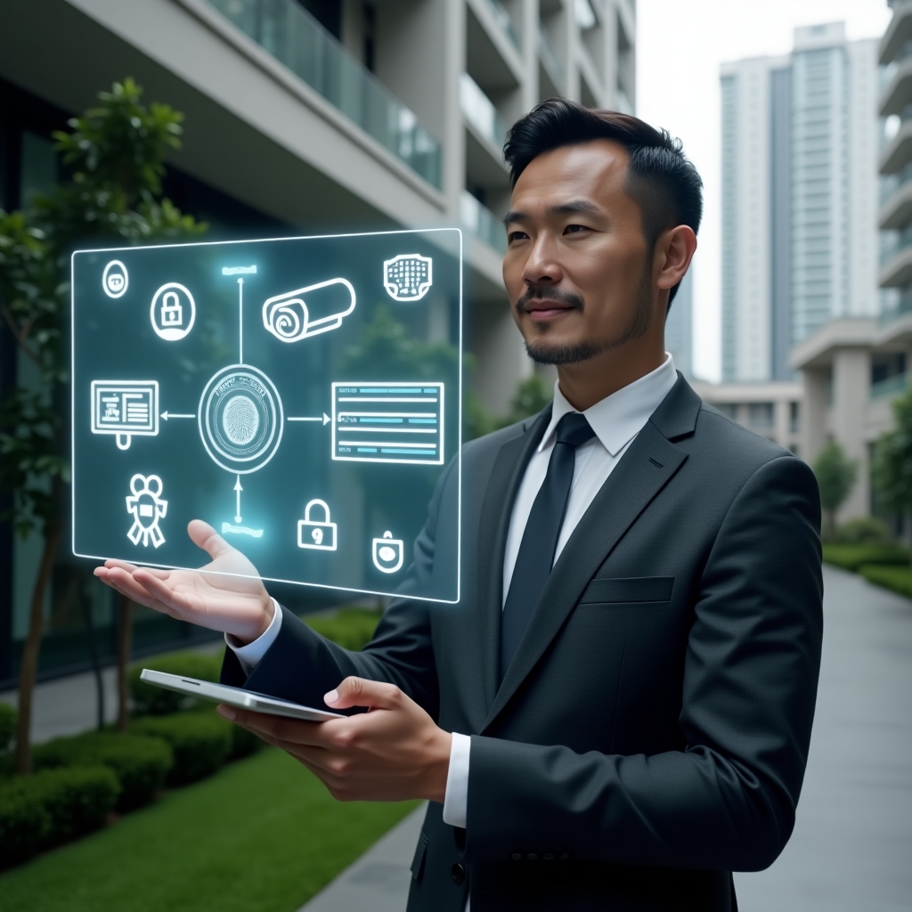 (Ultra-realistic condominium manager in a dark gray executive suit, set in a modern luxury condominium environment with high-rise buildings and manicured gardens, holding a tablet and pointing to a floating holographic security dashboard displaying biometric locks, surveillance camera icons, and access logs, confident expression, cinematic lighting, shallow depth of field, highly detailed textures, realistic skin, photographic realism, 8k resolution --ar 1:1 --v 6)