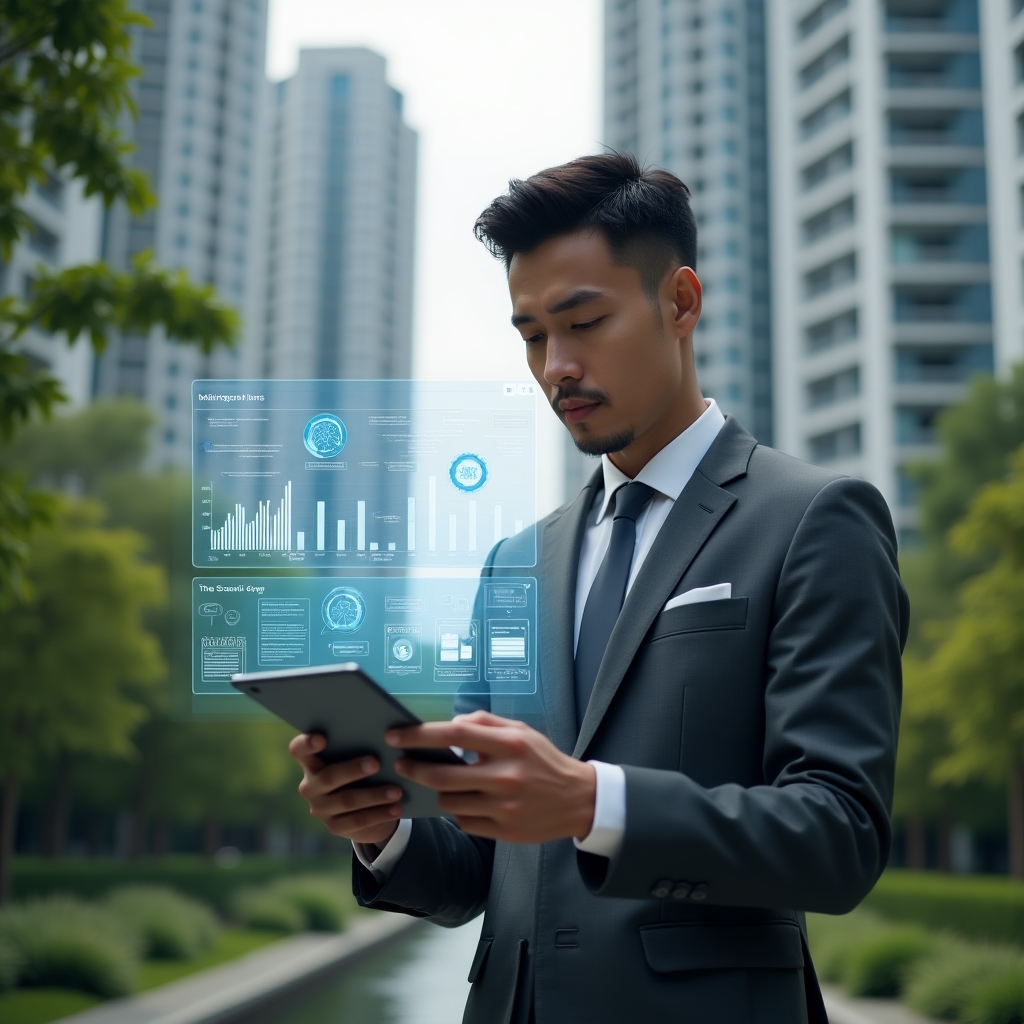 Ultra-realistic condominium manager in a charcoal gray tailored suit, set in a modern luxury condominium environment with sleek high-rise towers and meticulously landscaped greenery, analyzing a floating holographic interface of maintenance schedules and cost-savings graphs, surrounded by translucent icons of gears, calendars, and chat bubbles, confident and focused expression, cinematic lighting, shallow depth of field, highly detailed textures, realistic skin, photographic realism, 8k resolution --ar 1:1 --v 6