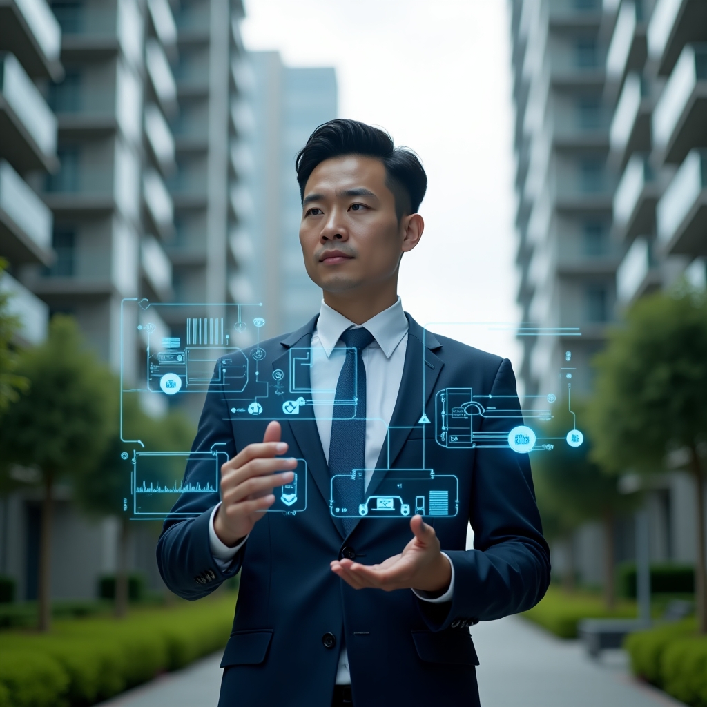 (Ultra-realistic condominium manager in a dark blue tailored suit, set in a modern luxury condominium environment with high-rise buildings and manicured green landscaping, interacting with a floating holographic control panel displaying IoT icons and building system metrics, confident and focused expression, futuristic and inspiring atmosphere, cinematic lighting, shallow depth of field, highly detailed textures, realistic skin, photographic realism, 8k resolution --ar 1:1 --v 6)