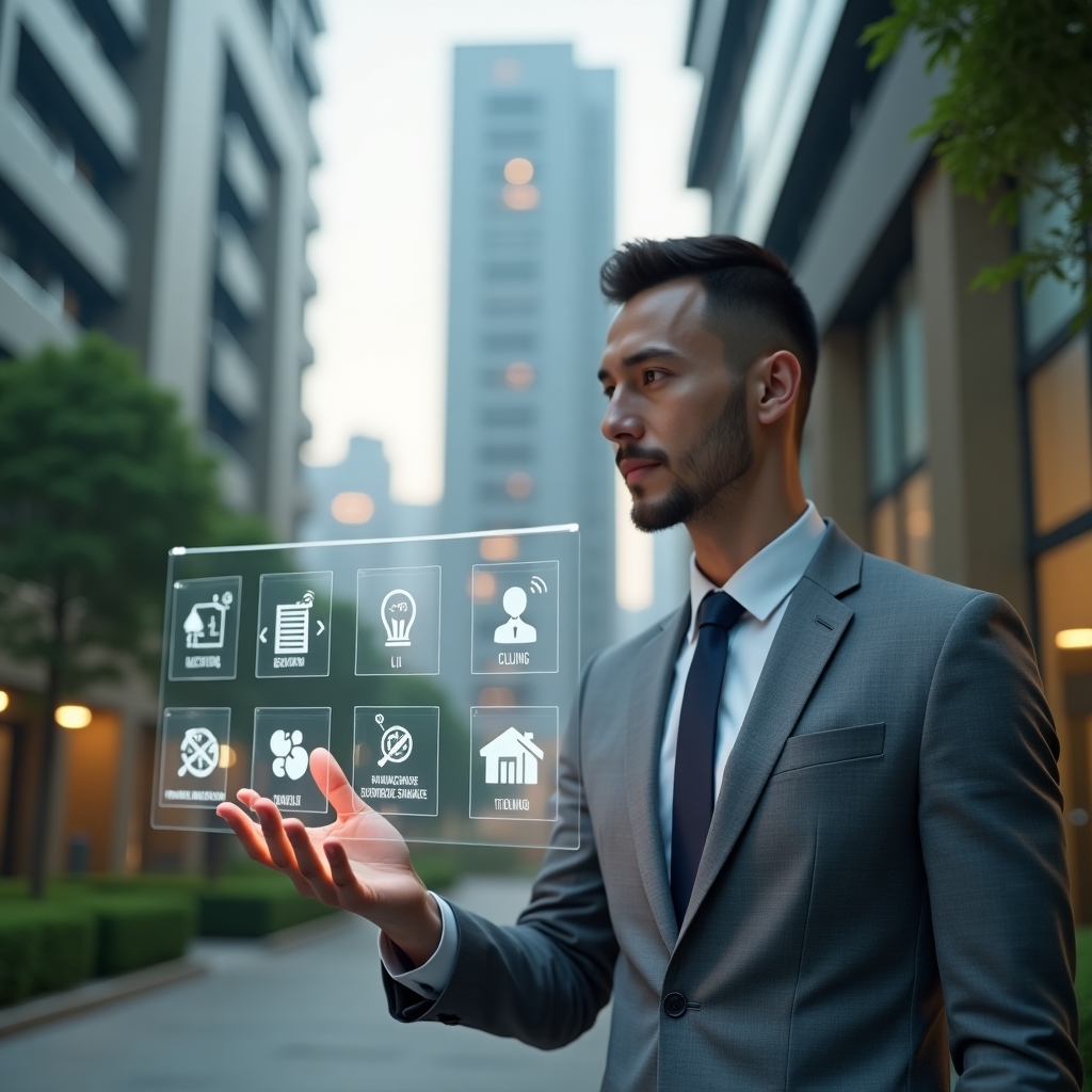 (Ultra-realistic condominium manager in a tailored gray suit, set in a modern luxury condominium environment with high-rise buildings and meticulously landscaped greenery, medium shot of a confident manager interacting with floating holographic panels displaying lighting, climate control, and security icons, futuristic smart building holograms, cinematic lighting, shallow depth of field, highly detailed textures, realistic skin, photographic realism, 8k resolution --ar 1:1 --v 6)