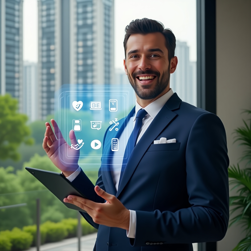 (Ultra-realistic condominium manager in a navy-blue suit, set in a modern luxury condominium environment with high-rise buildings and lush green landscaping, gesturing toward a transparent holographic interface displaying six golden rules icons—handshake, calendar, volume-control meter, payment symbol, voting gavel, heart—while holding a tablet with an app UI, friendly and confident expression, cinematic lighting, shallow depth of field, highly detailed textures, realistic skin, photographic realism, 8k resolution --ar 1:1 --v 6)