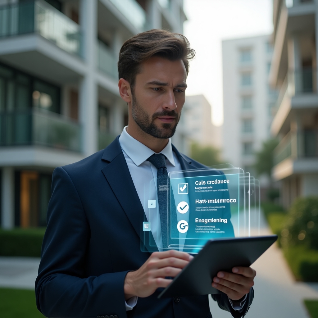 (Ultra-realistic condominium manager in a tailored navy suit, set in a modern luxury condominium environment with high-rise buildings and manicured green landscaping, medium close-up, holding a digital tablet projecting a floating holographic checklist with icons of maintenance, finances and meetings, examining it thoughtfully with a confident expression, cinematic lighting, shallow depth of field, highly detailed textures, realistic skin, photographic realism, 8k resolution --ar 1:1 --v 6)