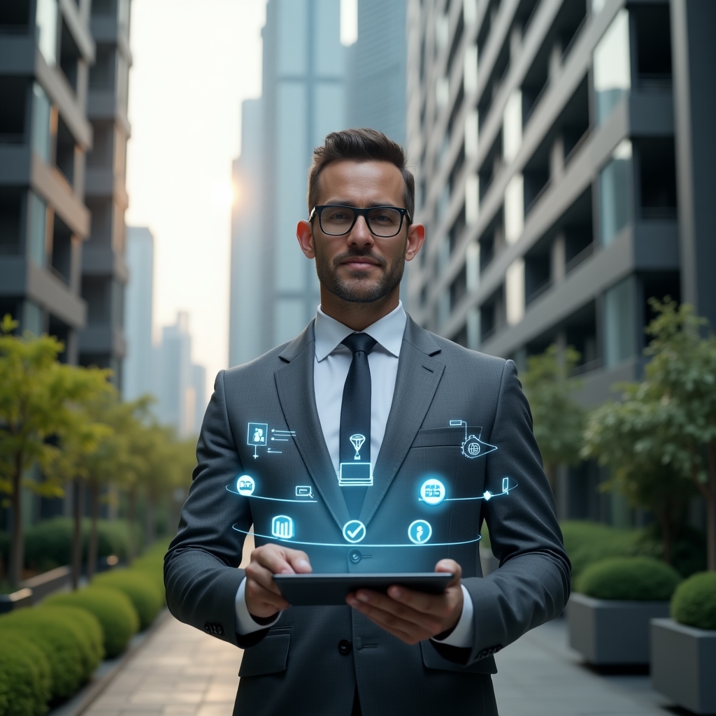(Ultra-realistic condominium manager in a charcoal gray executive suit, set in a modern luxury condominium environment with high-rise buildings and well-maintained green landscaping, standing mid-shot confidently holding a tablet displaying a digital checklist, surrounded by floating holographic icons of documents, charts and notifications symbolizing legal, financial and communication processes, inspiring atmosphere, cinematic lighting, shallow depth of field, highly detailed textures, realistic skin, photographic realism, 8k resolution --ar 1:1 --v 6)