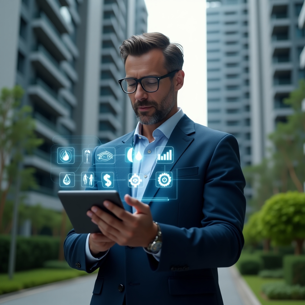 Ultra-realistic condominium manager in a tailored navy blue suit, set in a modern luxury condominium environment with high-rise buildings and lush green landscaping, medium shot of the manager holding a tablet displaying holographic icons of energy bolts, water droplets, currency graphs and maintenance gears, confidently analyzing cost-saving strategies, cinematic lighting, shallow depth of field, highly detailed textures, realistic skin, photographic realism, 8k resolution --ar 1:1 --v 6