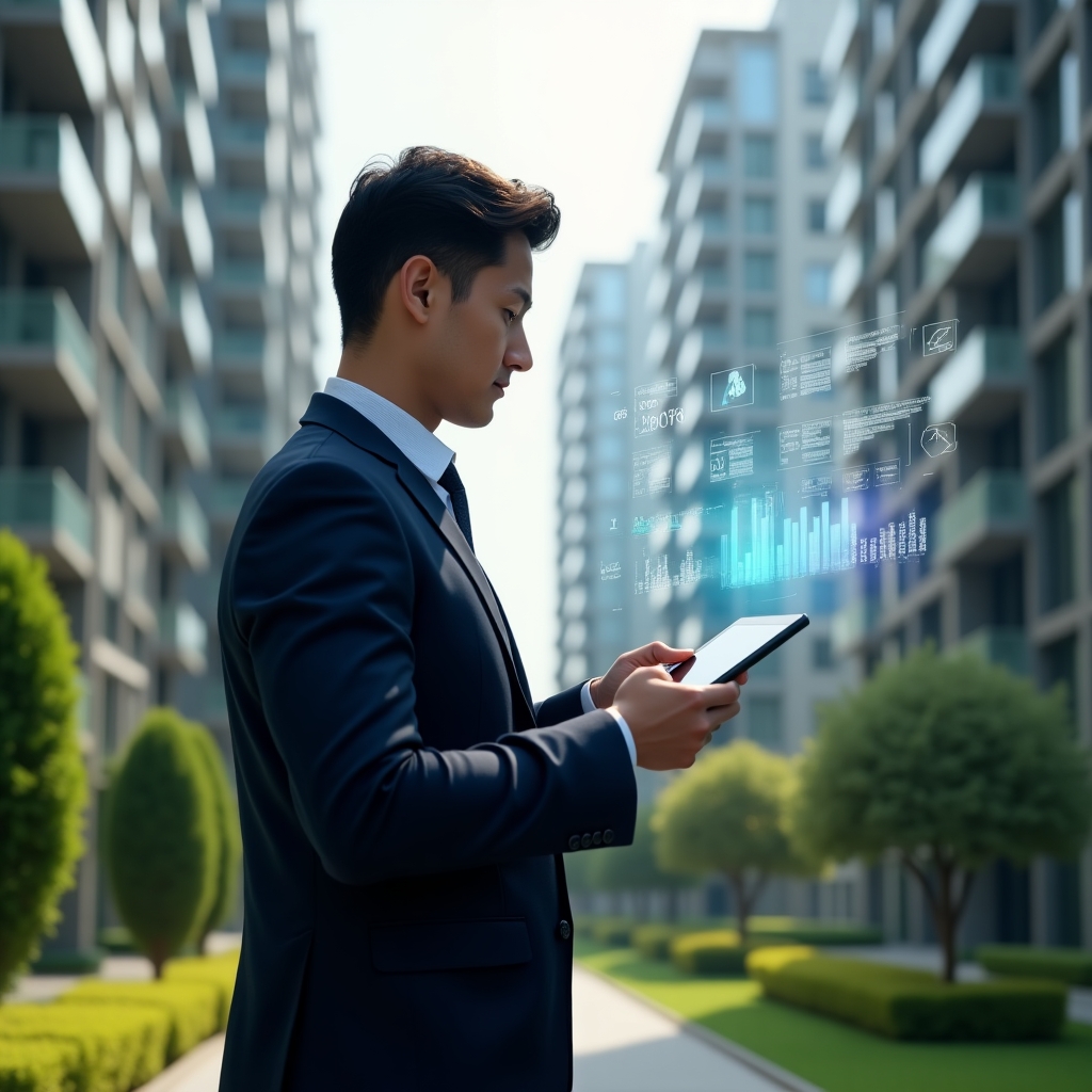 Ultra-realistic property manager in a tailored navy suit, set in a modern luxury condominium environment with high-rise buildings and manicured green landscaping, medium shot, holding a tablet that projects holographic energy and water usage charts and KPI graphs, confidently analyzing sustainable management data, subtle icons of leaves and dollar signs floating around, cinematic lighting, shallow depth of field, highly detailed textures, realistic skin, photographic realism, 8k resolution --ar 1:1 --v 6