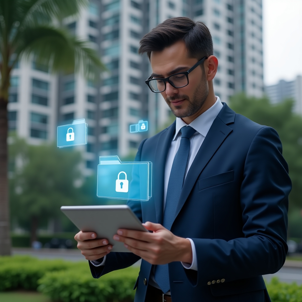 (Ultra-realistic condominium manager in a dark blue tailored suit, set in a modern luxury condominium environment with high-rise buildings and lush green landscaping, reviewing digital documents on a tablet with holographic folder and padlock icons floating before them, confident and focused expression, cinematic lighting, shallow depth of field, highly detailed textures, realistic skin, photographic realism, 8k resolution --ar 1:1 --v 6)