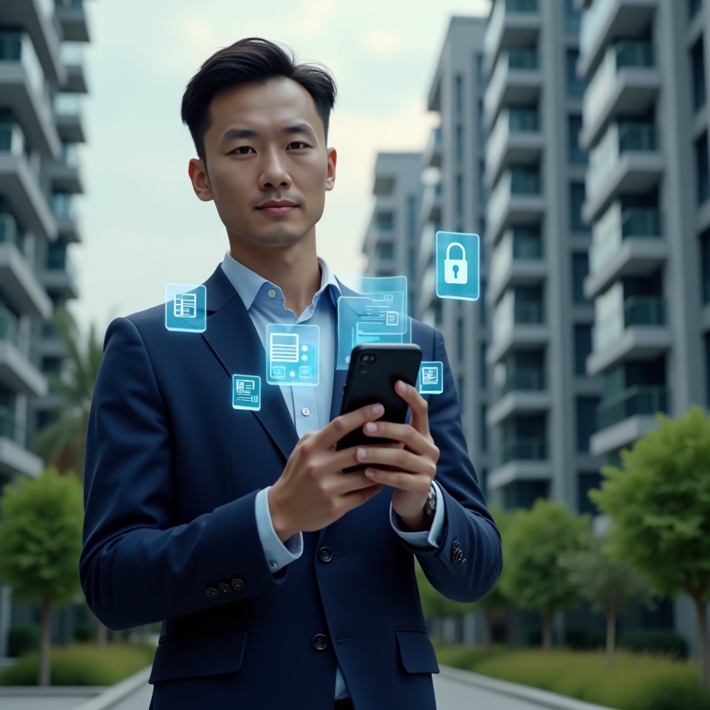 (Ultra-realistic condominium manager in a navy blue suit, set in a modern luxury condominium environment with high-rise buildings and green landscaping, medium shot holding a smartphone displaying holographic icons of chat notifications, financial charts, documents and a security padlock, looking confident and focused, cinematic lighting, shallow depth of field, highly detailed textures, realistic skin, photographic realism, 8k resolution --ar 1:1 --v 6)