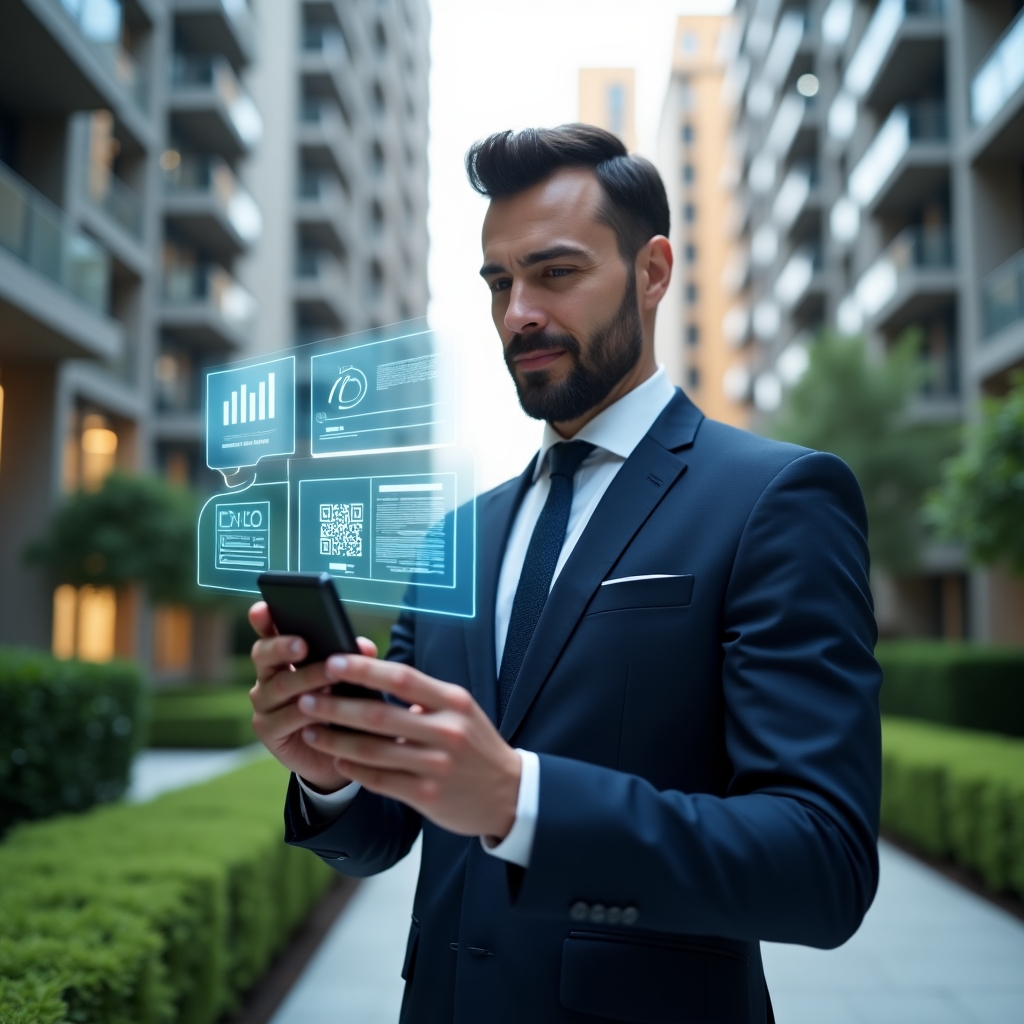 (Ultra-realistic condominium manager in a navy blue suit, set in a modern luxury condominium environment with high-rise buildings and manicured green landscaping, holding a smartphone and gesturing toward a holographic interface displaying notifications, financial charts, chat icons and QR codes, confident expression, cinematic lighting, shallow depth of field, highly detailed textures, realistic skin, photographic realism, 8k resolution --ar 1:1 --v 6)