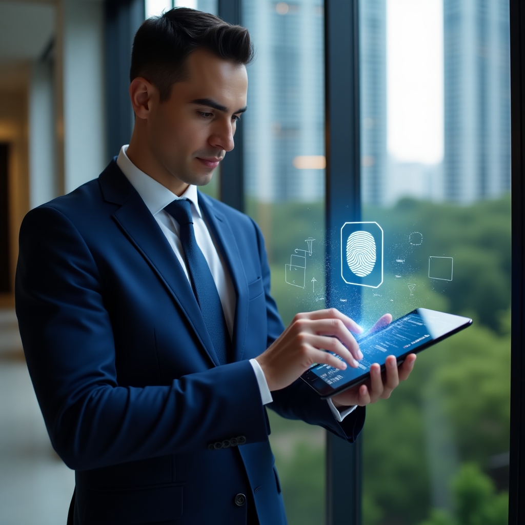 (Ultra-realistic condominium manager in a navy blue suit, set in a modern luxury condominium environment with high-rise buildings and manicured greenery, holding a tablet projecting holographic IoT sensors, a floating biometric fingerprint icon and a smartphone UI of an aplicativo para condomínio, analyzing the data with a confident expression, cinematic lighting, shallow depth of field, highly detailed textures, realistic skin, photographic realism, 8k resolution --ar 1:1 --v 6)