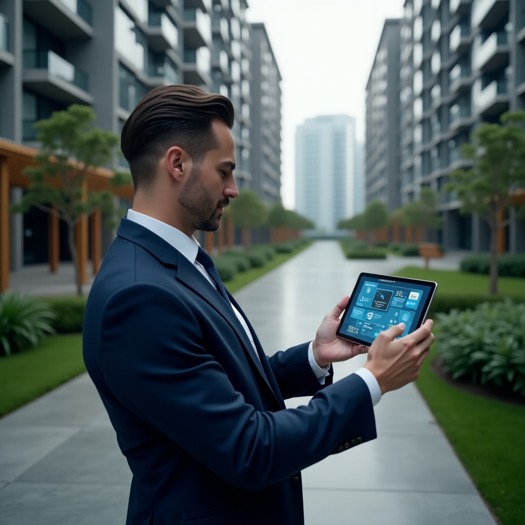 Ultra-realistic property manager in a navy suit, set in a modern luxury condominium environment with high-rise buildings and green landscaping, holding a tablet displaying holographic building automation data and IoT sensor icons, confidently analyzing the interface, cinematic lighting, shallow depth of field, highly detailed textures, realistic skin, photographic realism, 8k resolution --ar 1:1 --v 6