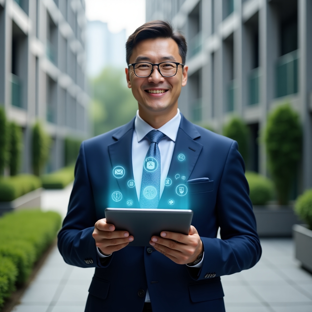(Ultra-realistic condominium manager in a navy blue suit, set in a modern luxury condominium environment with high-rise buildings and green landscaping, confidently holding a tablet projecting holographic icons for communication, mediation, and scheduling, smiling with a welcoming expression, cinematic lighting, shallow depth of field, highly detailed textures, realistic skin, photographic realism, 8k resolution --ar 1:1 --v 6)