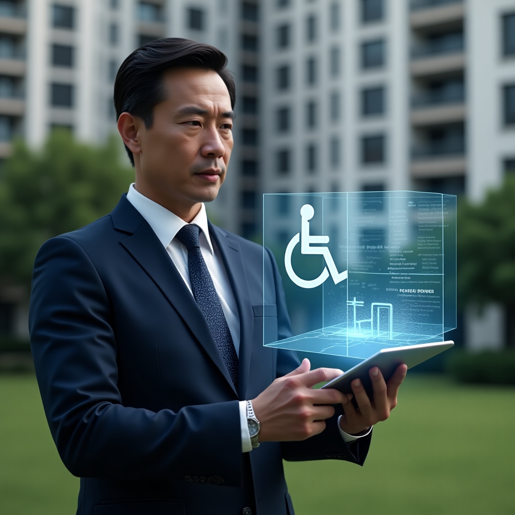 (Ultra-realistic condominium manager in a navy tailored suit, set in a modern luxury condominium environment with high-rise buildings and manicured green landscaping, reviewing a holographic blueprint of accessible ramps and tactile signage on a tablet, a floating accessibility icon (wheelchair symbol) beside them, confident expression, cinematic lighting, shallow depth of field, highly detailed textures, realistic skin, photographic realism, 8k resolution --ar 1:1 --v 6)