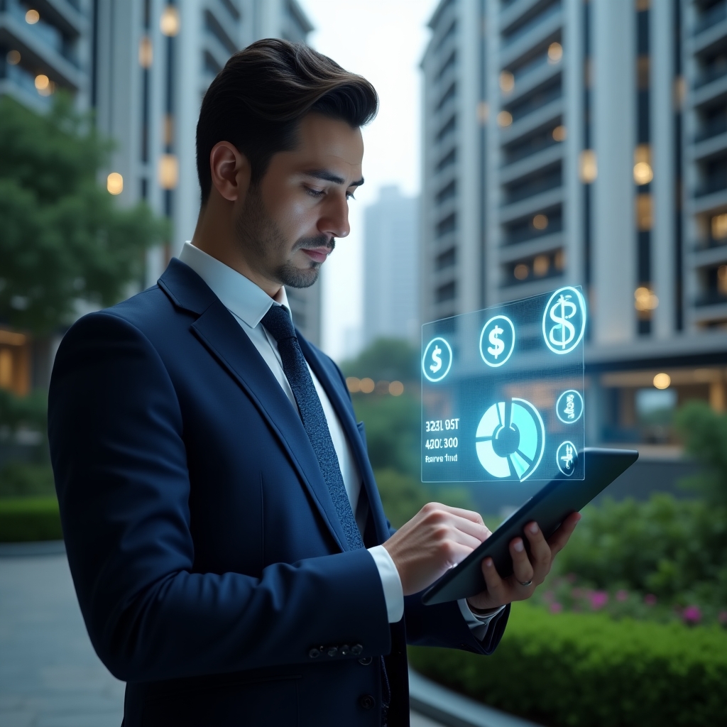 Ultra-realistic condominium manager in a dark blue business suit, set in a modern luxury condominium environment with high-rise buildings and green landscaping, medium shot of the manager analyzing holographic financial charts projected from a tablet, glowing pie chart icon and floating currency symbols representing the reserve fund, cinematic lighting, shallow depth of field, highly detailed textures, realistic skin, photographic realism, 8k resolution --ar 1:1 --v 6