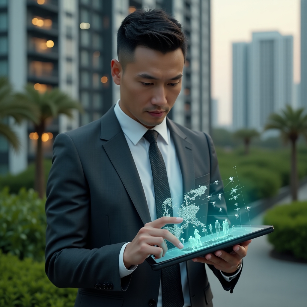 Ultra-realistic condominium manager in a charcoal gray suit, set in a modern luxury condominium environment with high-rise towers and lush green landscaping, looking confidently at a tablet displaying an interactive heatmap of mosquito breeding sites while touching a holographic Aedes aegypti icon, cinematic lighting, shallow depth of field, highly detailed textures, realistic skin, photographic realism, 8k resolution --ar 1:1 --v 6