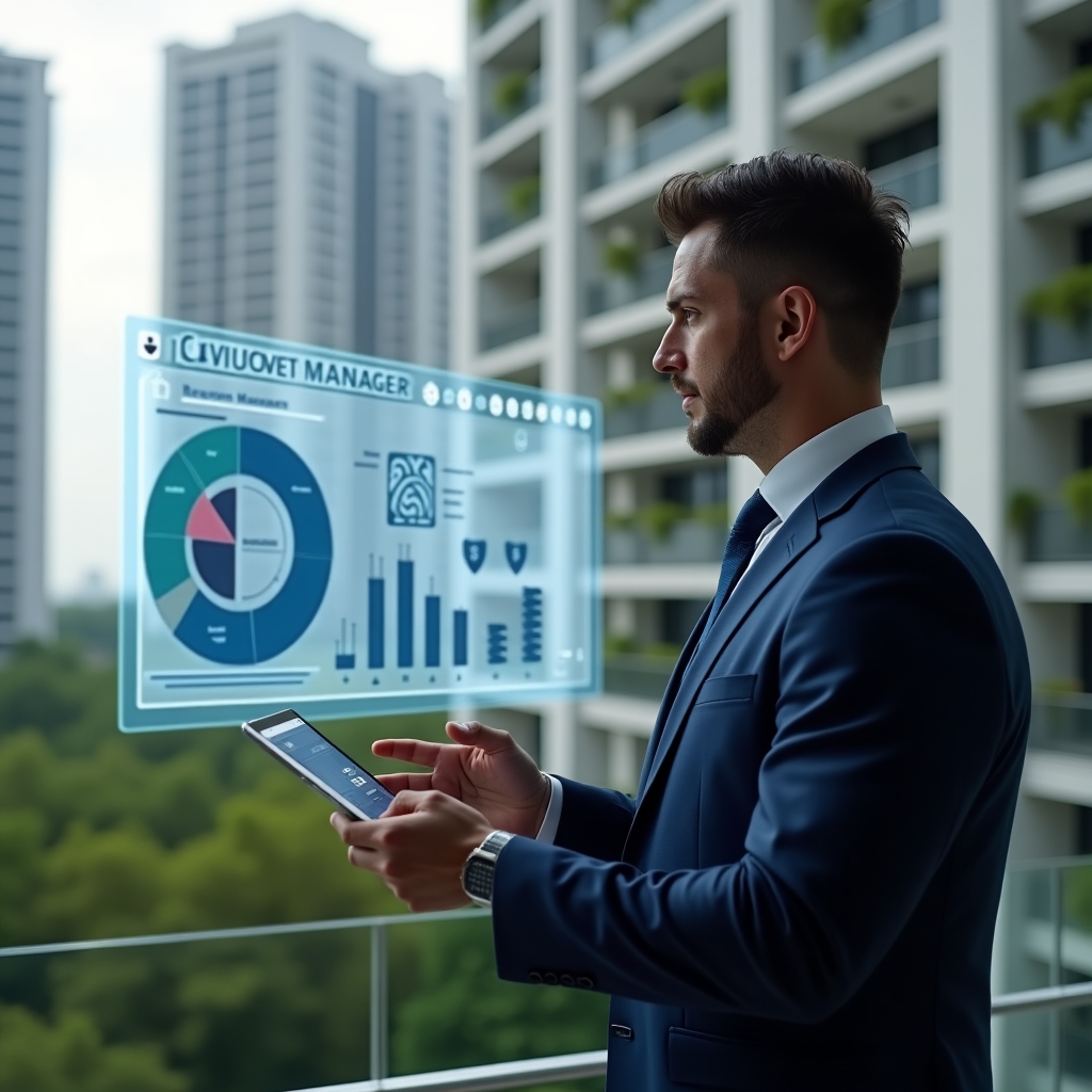 (Ultra-realistic condominium manager in a navy blue tailored suit, set in a modern luxury condominium environment with high-rise buildings and lush green landscaping, confidently reviewing a holographic financial dashboard of reserve fund projections while holding a tablet, floating pie chart and shield icons symbolizing budget security, cinematic lighting, shallow depth of field, highly detailed textures, realistic skin, photographic realism, 8k resolution --ar 1:1 --v 6)