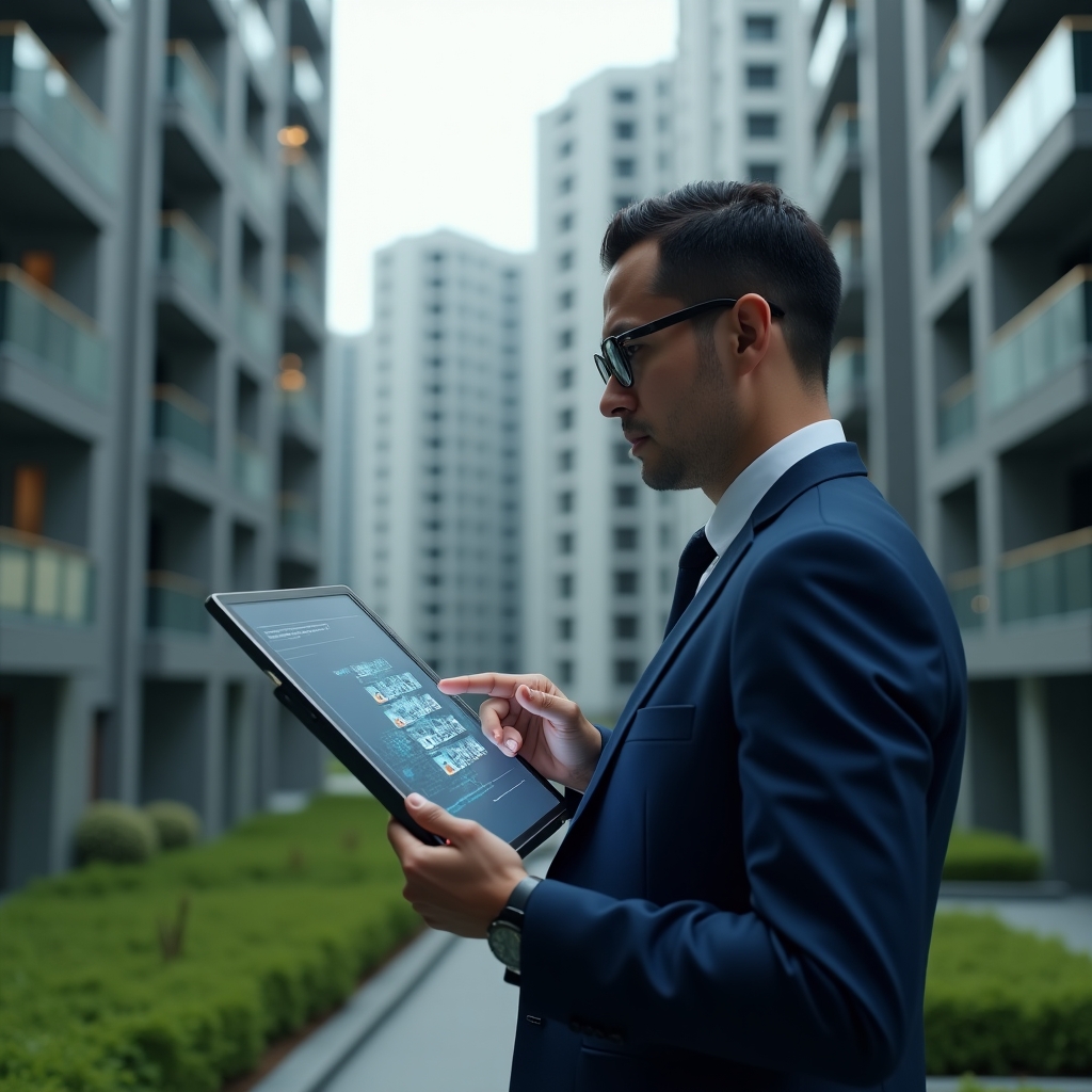 Ultra-realistic condominium manager in a navy blue suit, medium shot, set in a modern luxury condominium environment with high-rise buildings and green landscaping, confidently reviewing and pointing at a digital tablet displaying a holographic internal regulation checklist, cinematic lighting, shallow depth of field, highly detailed textures, realistic skin, photographic realism, 8k resolution --ar 1:1 --v 6